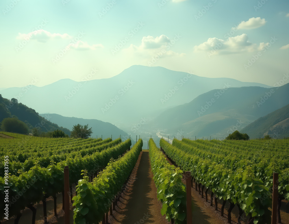 Fototapeta premium Vineyard landscape with green grapevines stretching into the distance under a hazy sky and mountain backdrop