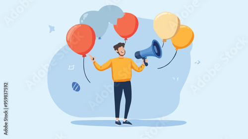 Communication or PR, Public Relations manager to communicate company information and media, announce sales or promotion concept, businessman holding speech bubble balloons while talking on megaphone.