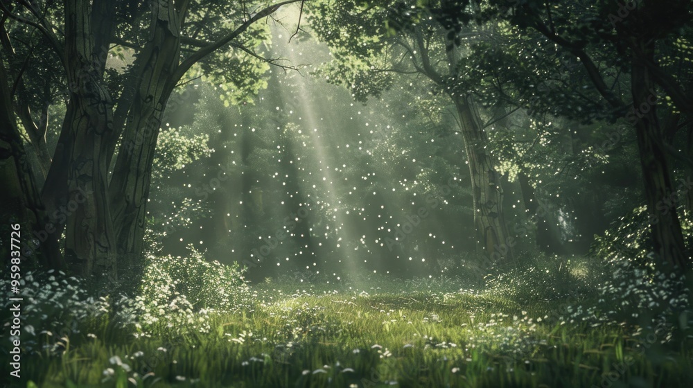 Obraz premium Serene woodland clearing bathed in speckled sunlight, providing a calming natural refuge.