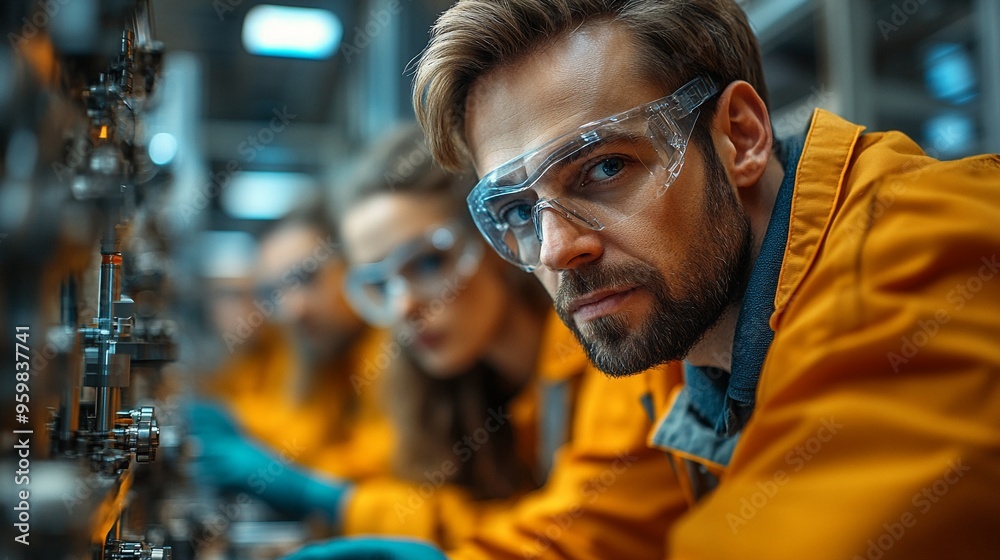 Focused on the Task: A team of industrial workers wearing safety goggles and orange jumpsuits focus intently on their work, showcasing dedication and precision in a demanding environment. Focused on the Task: A team of industrial workers wearing safety goggles and orange jumpsuits focus intently on their work, showcasing dedication and precision in a demanding environment.