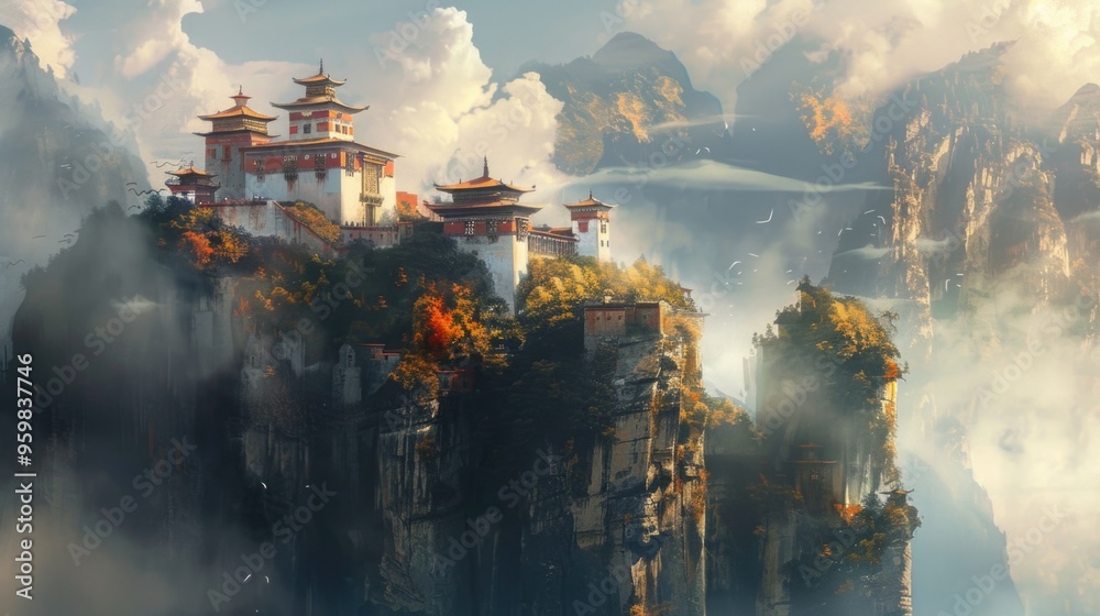 Serene illustration of a monastery on a secluded mountain, surrounded by mist, capturing peace and spiritual growth.