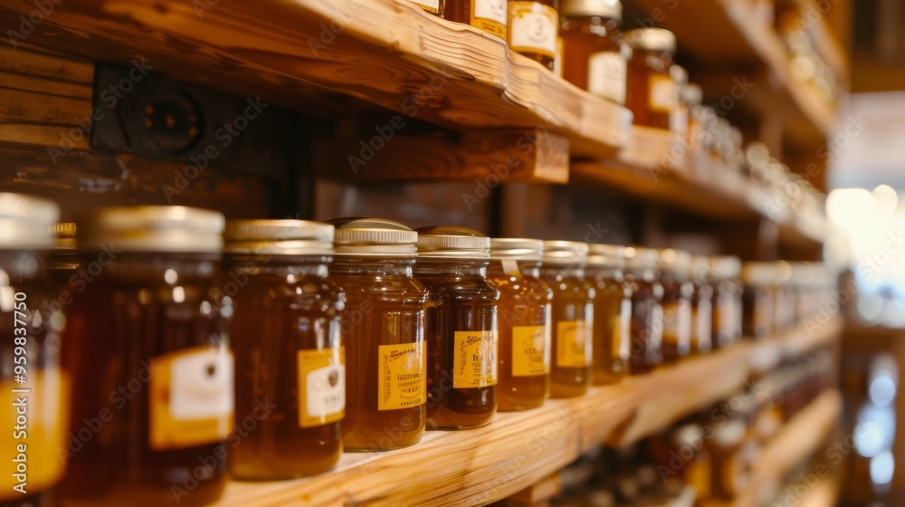 A tidy shelf lined with glass jars filled with golden honey, reflecting the warm, inviting atmosphere of a rustic market setting. A tidy shelf lined with glass jars filled with golden honey, reflecting the warm, inviting atmosphere of a rustic market setting.