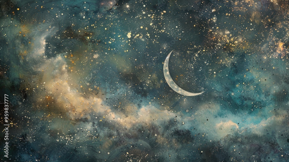 Heavenly tableau with a curved lunar sliver, celestial bodies, and a gently radiant night sky encourages introspection and awe. Heavenly tableau with a curved lunar sliver, celestial bodies, and a gently radiant night sky encourages introspection and awe.