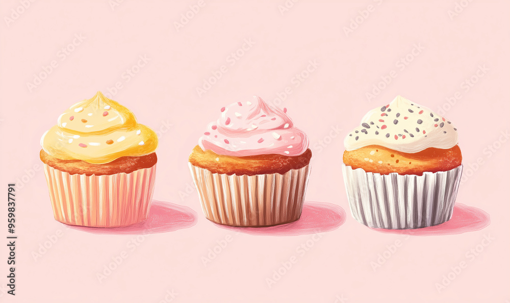 Illustration of delicious and tasty cupcakes with colorful toppings on a pink background. Illustration of delicious and tasty cupcakes with colorful toppings on a pink background.
