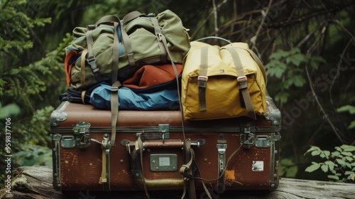 A mix of camping backpacks and gear packed on top of a vintage suitcase, set amidst lush greenery, hinting at an outdoor adventure. photo