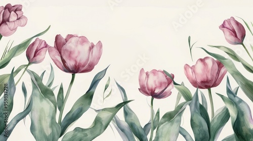 Wallpaper Mural Elegant tulip watercolor design featuring soft tulips, leaves, and a floral frame, ideal for refined greeting cards or invitations. Torontodigital.ca