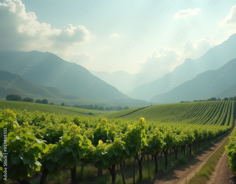 Obraz premium Beautiful vineyard landscape with green rows of grapevines and mountain backdrop under clear skies