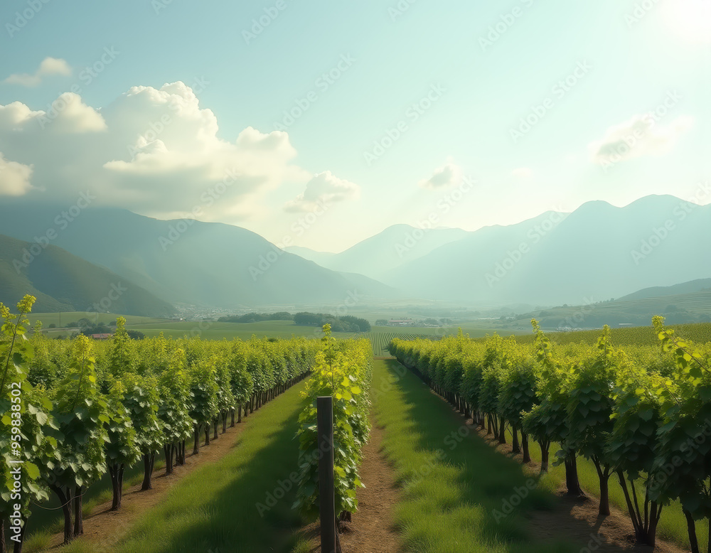 Naklejka premium Green vineyard with scenic mountain range in the background on a bright sunny day