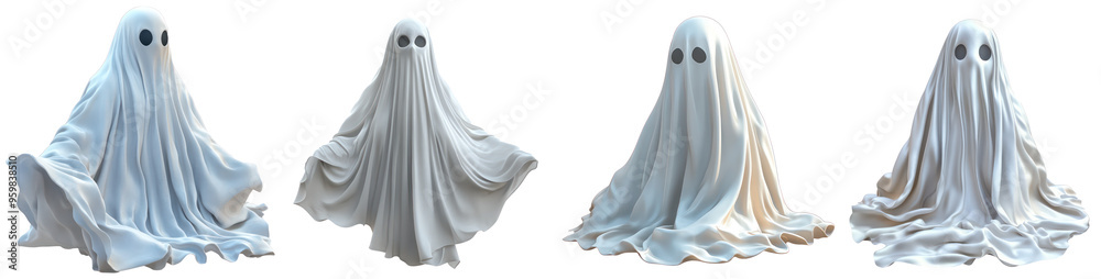 Set of Spooky Ghost Figure in White Sheet, Eerie Halloween Spirit Illustration. Isolated on Transparent Background Set of Spooky Ghost Figure in White Sheet, Eerie Halloween Spirit Illustration. Isolated on Transparent Background