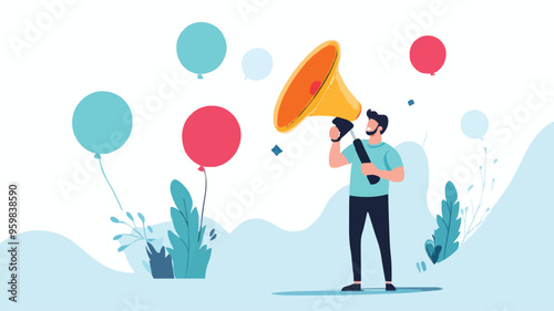 Communication or PR, Public Relations manager to communicate company information and media, announce sales or promotion concept, businessman holding speech bubble balloons while talking on megaphone.