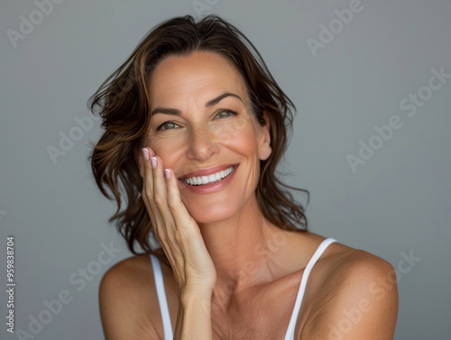 Happy one beautiful mature woman with healthy clear fresh skin looking at the camera, studio portrait. Skin care, wrinkle and facial treatment concept