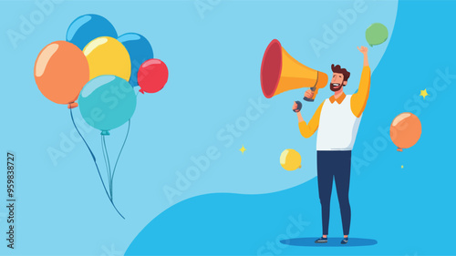 Communication or PR, Public Relations manager to communicate company information and media, announce sales or promotion concept, businessman holding speech bubble balloons while talking on megaphone.