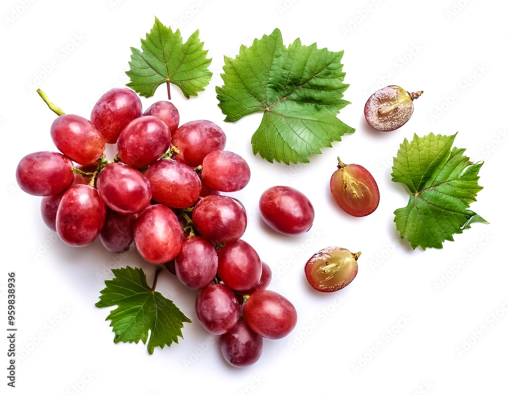 Obraz premium Red grapes with green leaves with slices and green leaves isolated on white background.