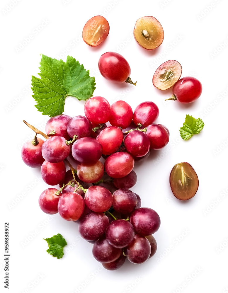 Obraz premium Red grapes with green leaves with slices and green leaves isolated on white background.