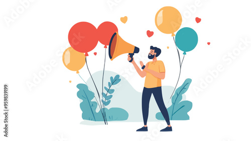 Communication or PR, Public Relations manager to communicate company information and media, announce sales or promotion concept, businessman holding speech bubble balloons while talking on megaphone.