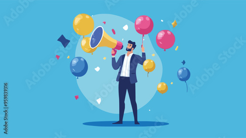 Communication or PR, Public Relations manager to communicate company information and media, announce sales or promotion concept, businessman holding speech bubble balloons while talking on megaphone.