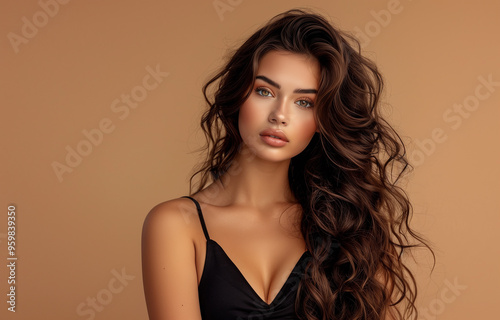 Studio portrait of fashion woman with elegance makeup, long shiny curly hairstyle and healthy skin against brown studio wall background