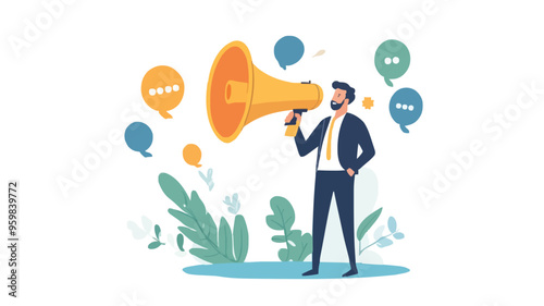 Communication or PR, Public Relations manager to communicate company information and media, announce sales or promotion concept, businessman holding speech bubble balloons while talking on megaphone.