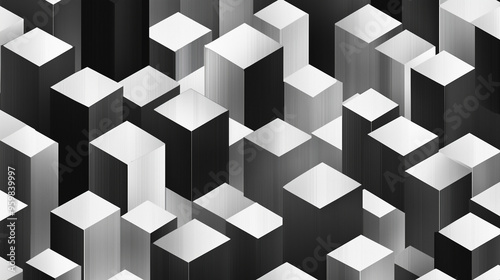 Monochrome 3D geometric blocks, abstract cityscape with black and white cubes