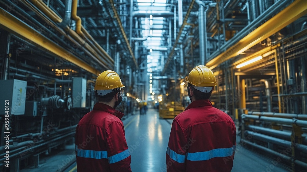 Industrial Strength: Two hard-hatted workers stand in a vast, labyrinthine industrial facility, a testament to the scale and complexity of modern manufacturing. The scene evokes a sense of both awe an Industrial Strength: Two hard-hatted workers stand in a vast, labyrinthine industrial facility, a testament to the scale and complexity of modern manufacturing. The scene evokes a sense of both awe an
