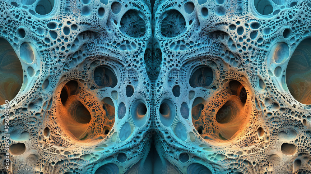 Symmetrical fractal skin design with porous shapes and glowing colors Symmetrical fractal skin design with porous shapes and glowing colors