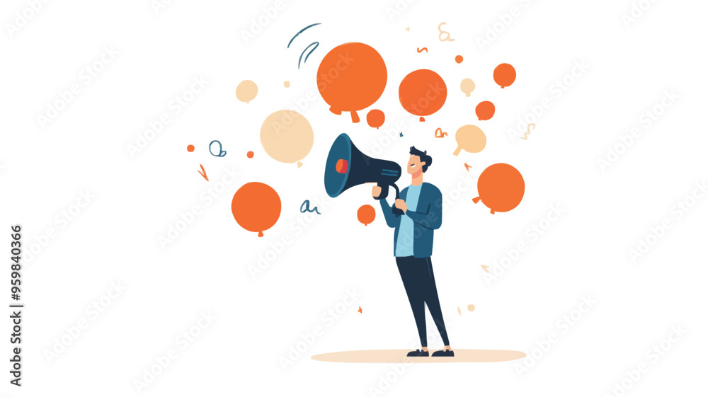Communication or PR, Public Relations manager to communicate company information and media, announce sales or promotion concept, businessman holding speech bubble balloons while talking on megaphone. Communication or PR, Public Relations manager to communicate company information and media, announce sales or promotion concept, businessman holding speech bubble balloons while talking on megaphone.