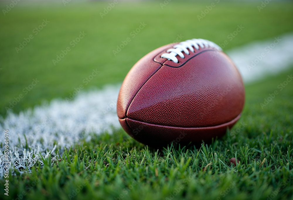 Close-up of an American football on a green field, highlighting texture and field lines.
Close-up of an American football on a green field, highlighting texture and field lines.