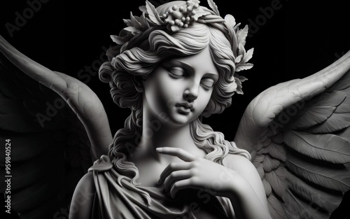 Angel sculpture. Black and white image of ancient statue