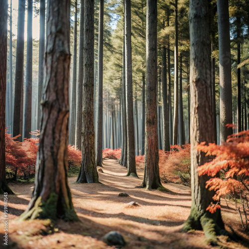 autumn in the woodsforest, tree, nature, trees, wood, landscape, green, pine, woods, autumn, park, spring, path, road, sun, environment, leaf, light, trunk, foliage, fall, summer, sunlight, morning, s photo