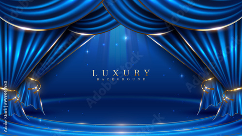 The empty stage was decorated with luxurious blue curtains with sparkling golden light effects and twinkling stars. Elegant style background design.