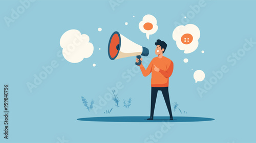 Communication or PR, Public Relations manager to communicate company information and media, announce sales or promotion concept, businessman holding speech bubble balloons while talking on megaphone.