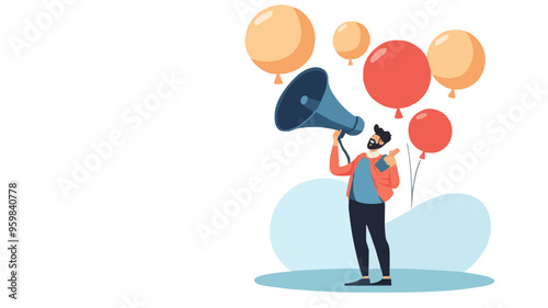 Communication or PR, Public Relations manager to communicate company information and media, announce sales or promotion concept, businessman holding speech bubble balloons while talking on megaphone.