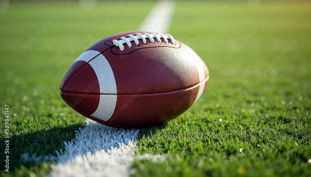 Close-up of an American football on a green field, highlighting texture and field lines.
Close-up of an American football on a green field, highlighting texture and field lines.