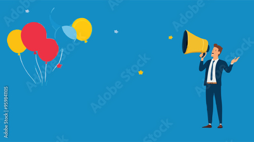Communication or PR, Public Relations manager to communicate company information and media, announce sales or promotion concept, businessman holding speech bubble balloons while talking on megaphone.