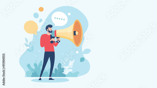 Communication or PR, Public Relations manager to communicate company information and media, announce sales or promotion concept, businessman holding speech bubble balloons while talking on megaphone.