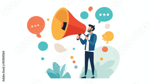 Communication or PR, Public Relations manager to communicate company information and media, announce sales or promotion concept, businessman holding speech bubble balloons while talking on megaphone.