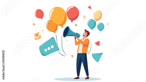 Communication or PR, Public Relations manager to communicate company information and media, announce sales or promotion concept, businessman holding speech bubble balloons while talking on megaphone.