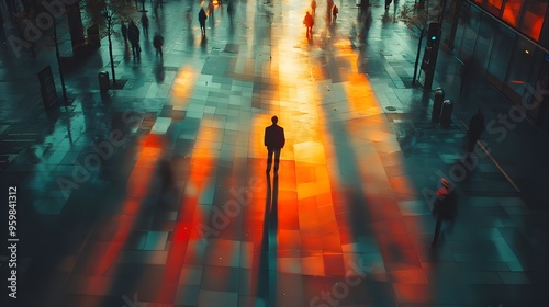 Wallpaper Mural A modern and minimalist street billboard. A person walking on the sidewalk a human element. intersection surrounded by blurred people running across it. In the background there's a wall green backgrou Torontodigital.ca