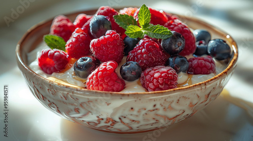 Delicate Greek Yogurt Bowl with Berries and Honey, Highlighting Freshness and Simplicity in Natural Light