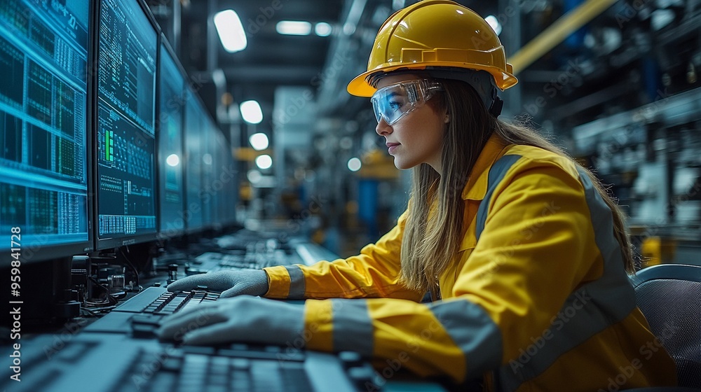 Focused Industrial Worker: A woman in a yellow hard hat and safety glasses focuses intently on a computer screen, her hands deftly navigating a keyboard in a modern industrial setting. The blue light Focused Industrial Worker: A woman in a yellow hard hat and safety glasses focuses intently on a computer screen, her hands deftly navigating a keyboard in a modern industrial setting. The blue light