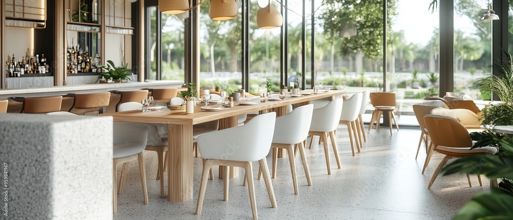 Modern Restaurant Interior with Large Windows. Modern Restaurant Interior with Large Windows.