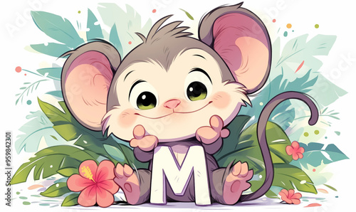 Cute cartoon mouse character holding the letter M surrounded by tropical foliage. photo