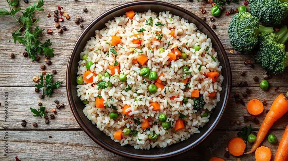 Nutty Brown Rice with Steamed Vegetables on Light Wooden Table with Copy Space | Healthy Meal Concept with Colorful Veggies Nutty Brown Rice with Steamed Vegetables on Light Wooden Table with Copy Space | Healthy Meal Concept with Colorful Veggies