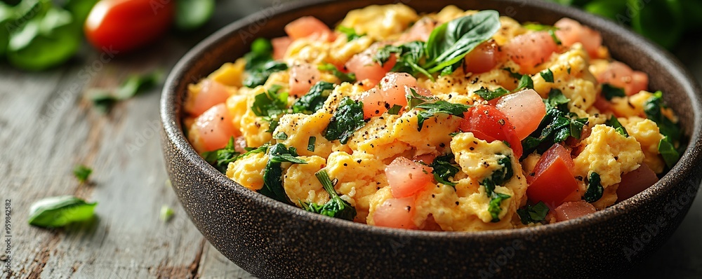 Fresh and Colorful Scrambled Eggs with Vegetables on Light Wooden Table | Healthy Breakfast Meal with Copy Space