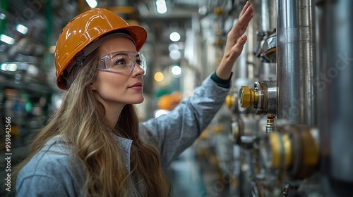 Female Engineer Inspecting Industrial Machinery: A focused female engineer in a hard hat and safety glasses examines industrial machinery in a close-up shot, showcasing her expertise and dedication to