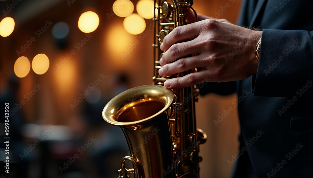 Obraz premium Close-up of hands playing a saxophone with bokeh lights in background.