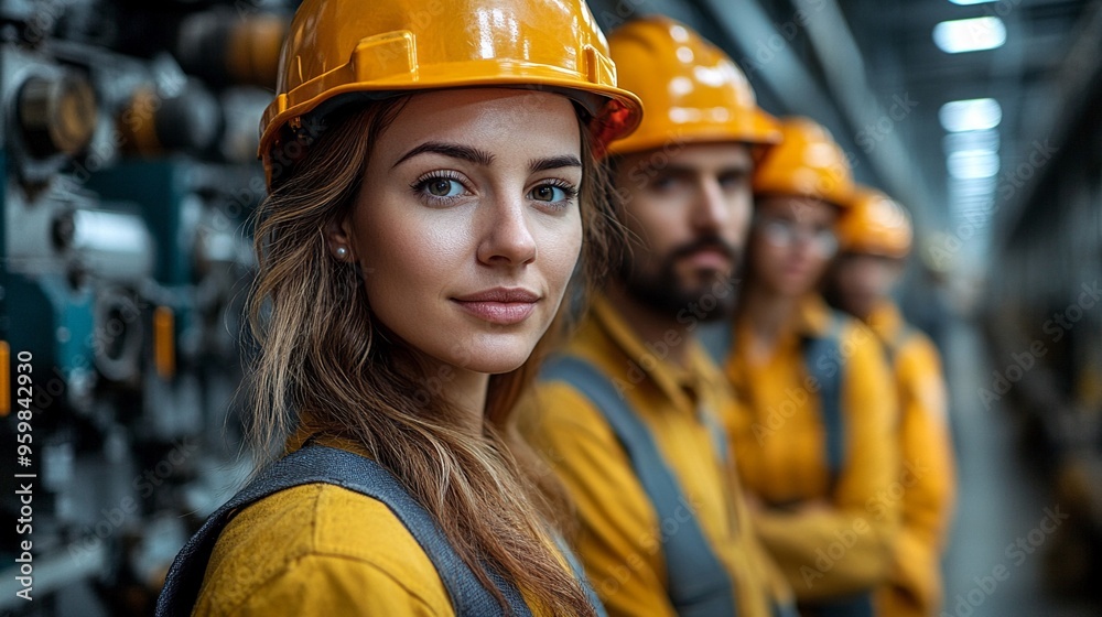 Confident Industrial Team: A diverse team of factory workers in hard hats stand united, embodying skilled labor and manufacturing prowess. Confident Industrial Team: A diverse team of factory workers in hard hats stand united, embodying skilled labor and manufacturing prowess.