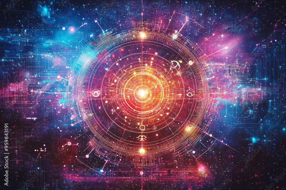 Obraz premium Bright glowing circular digital interface with futuristic design elements and cosmic background indicating high-tech data visualization