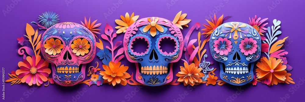 Día de los Muertos Banner with Traditional Sugar Skulls in Bright, Intricate Paper-Cut Style Día de los Muertos Banner with Traditional Sugar Skulls in Bright, Intricate Paper-Cut Style