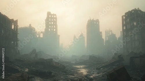 Devastated urban landscape shrouded in fog, showcasing abandoned buildings and rubble.